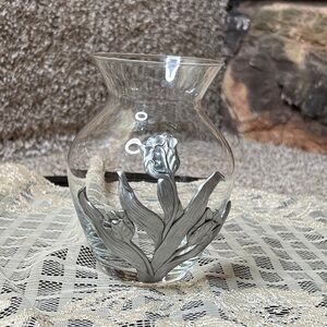 Vintage 1992 Seagull Pewter Tulip Overlay Clear Art Glass Vase Signed MadeCanada